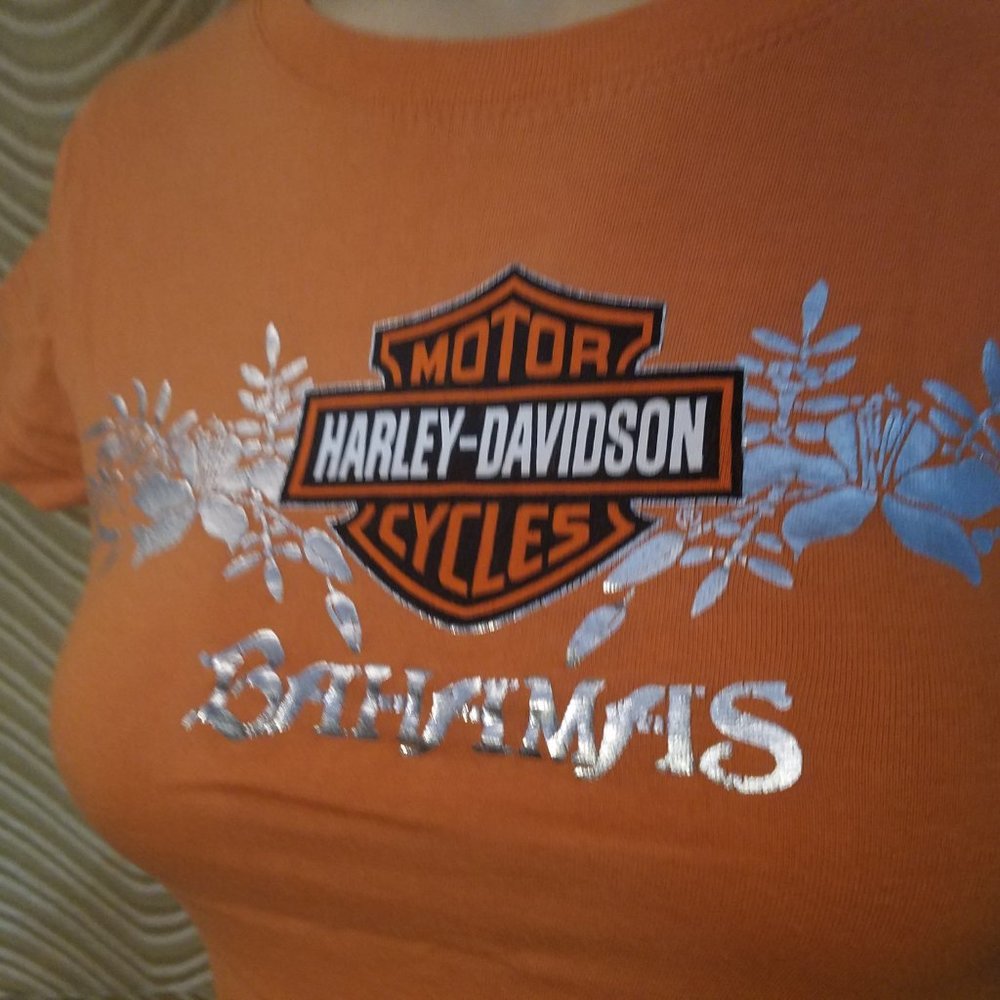 Orange Harley-Davidson T-Shirt Metallic Flowers - Picture 2 of 5
